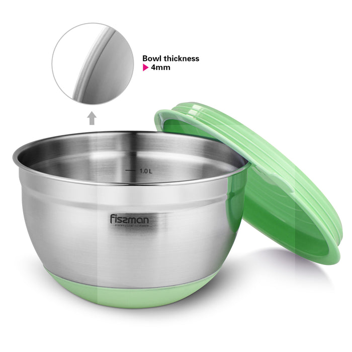 4.5-Liter Mixing Bowl Stainless Steel 18/10 (INOX 304) Stackable Space Saving Design With Non Slip Silicone Base And Green Lid Silver/Green 24.13.5cm