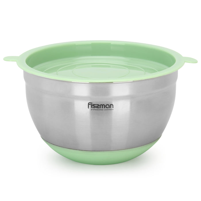 1.5 Liter Mixing Bowl Stainless Steel 18/10 (INOX 304) Stackable Space Saving Design With Non Slip Silicone Base And Green Lid Silver/Green 16x10 cm