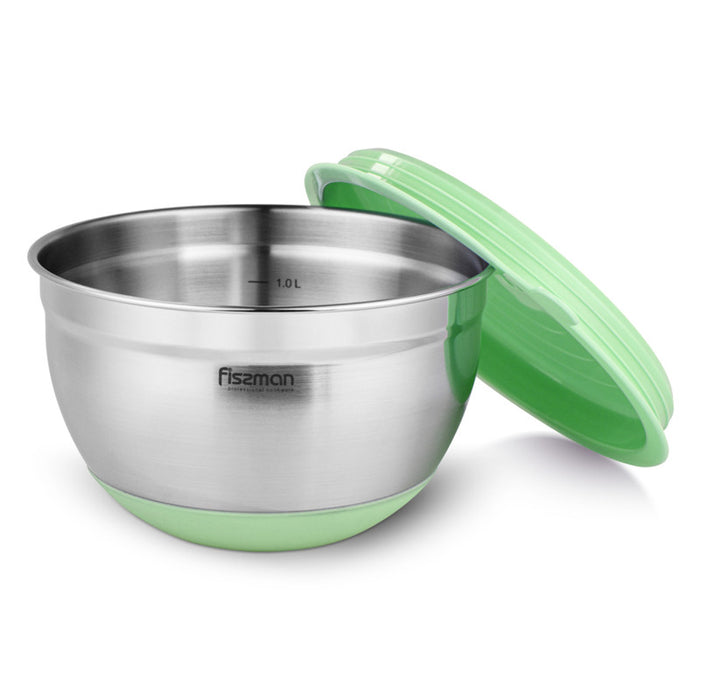 4.5-Liter Mixing Bowl Stainless Steel 18/10 (INOX 304) Stackable Space Saving Design With Non Slip Silicone Base And Green Lid Silver/Green 24.13.5cm