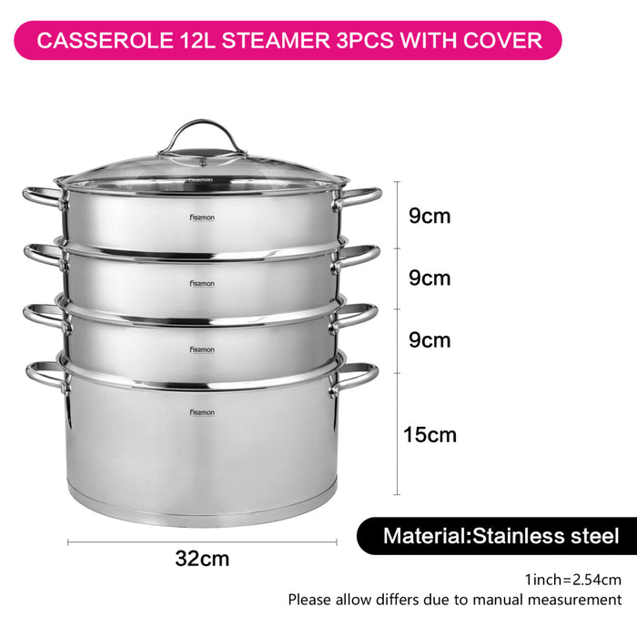 Stainless Steamer Stock Pot with 3 Steamer Insert 32x15cm/12LTR – BARAKAT Multicooker