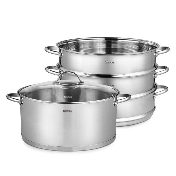 Stainless Steamer Stock Pot with 3 Steamer Insert 32x15cm/12LTR – BARAKAT Multicooker