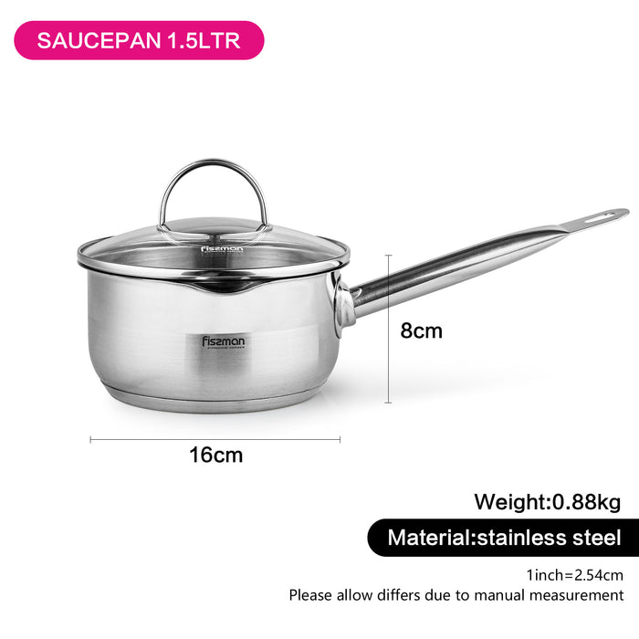 Saucepan 16cm/1.5LTR Callisto Series, Measuring Scale And Impact-Resistant Glass Lid with Steam Release