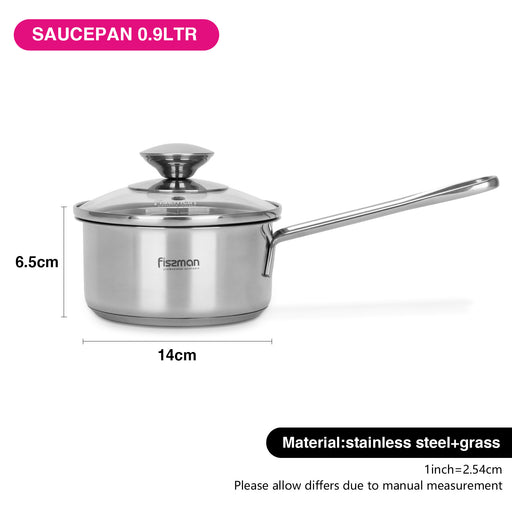 Saucepan With Glass Lid 14x6.5cm /0.9 LTR Stainless Steel with Induction Bottom