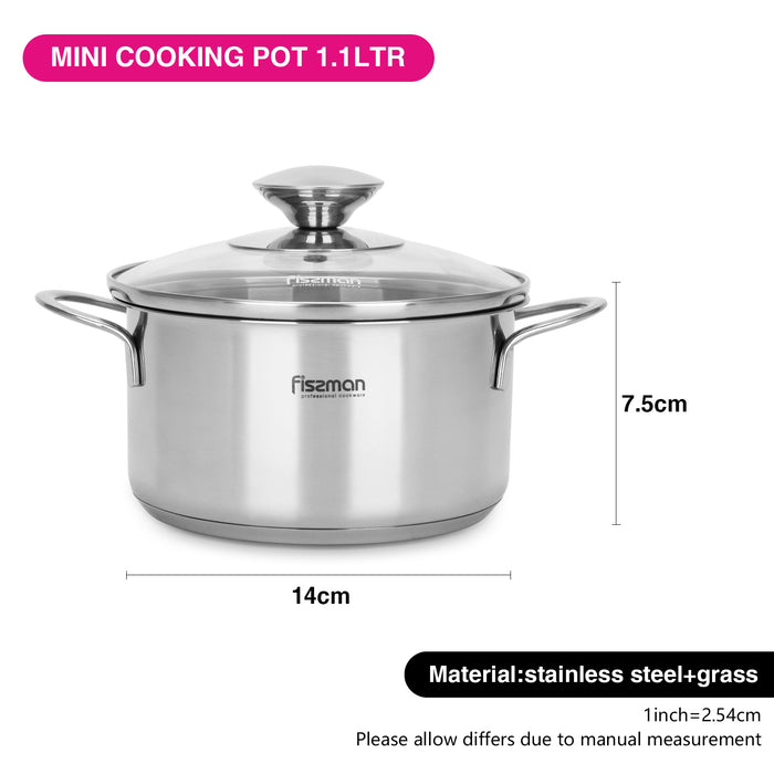 Mini Cooking Pot BAMBINO 14cm/1.1 LTR with Glass Lid (Stainless Steel)