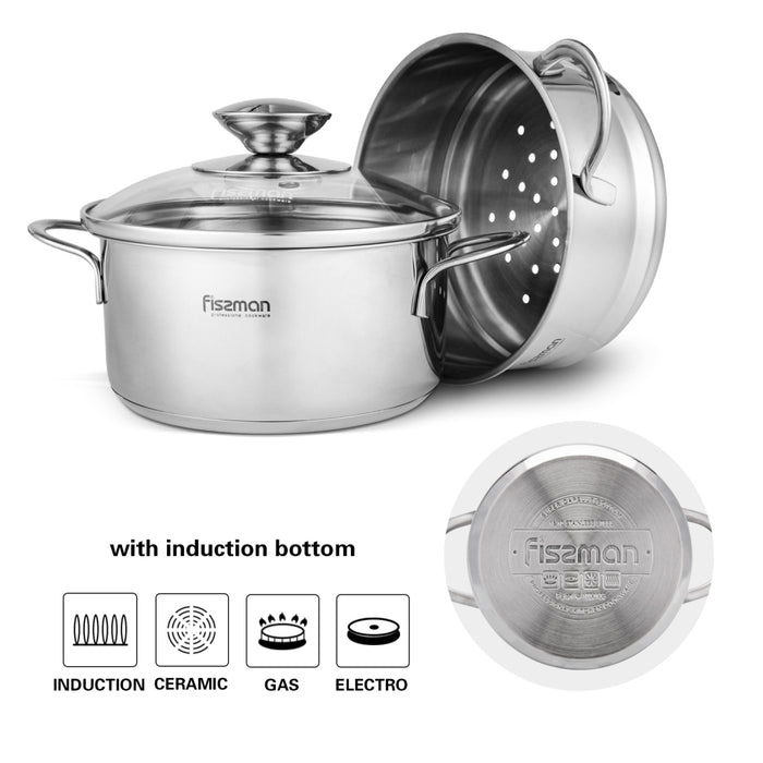 Stainless Mini Cooking Pot BAMBI  14x7.0 cm 1.1LTR with Steamer Insert 14x6.5cm with Glass Lid