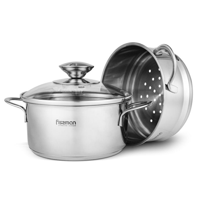 Stainless Mini Cooking Pot BAMBI  14x7.0 cm 1.1LTR with Steamer Insert 14x6.5cm with Glass Lid