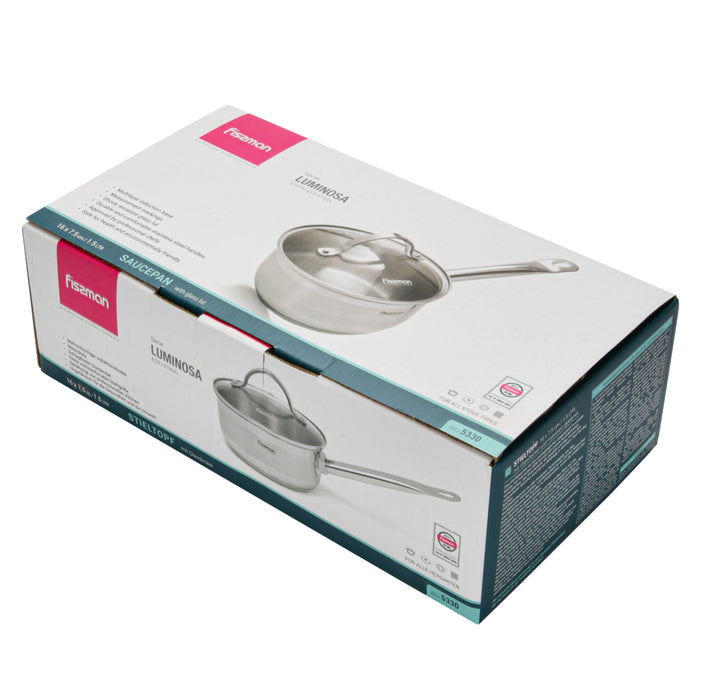 Saucepan 1.5L with Glass Lid, Stainless Steel with Induction Bottom Luminosa Series