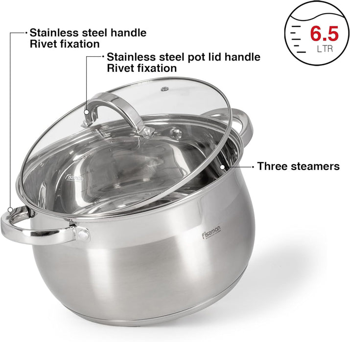 Stockpot Felina 24cm/6.5LTR With Glass Lid Stainless Steel