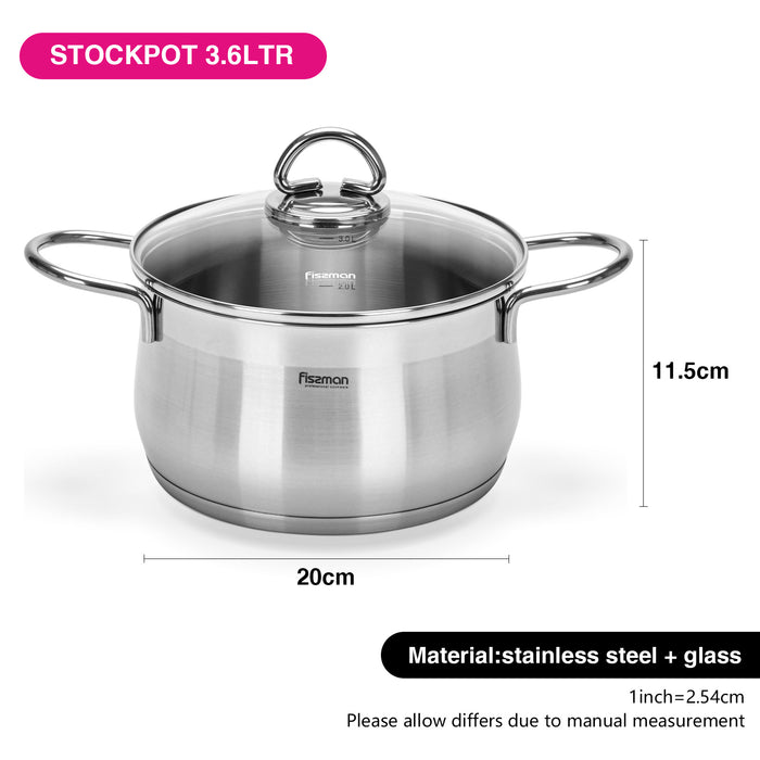 Stockpot MONICA 20cm/3.6 LTR with Glass Lid (Stainless Steel)