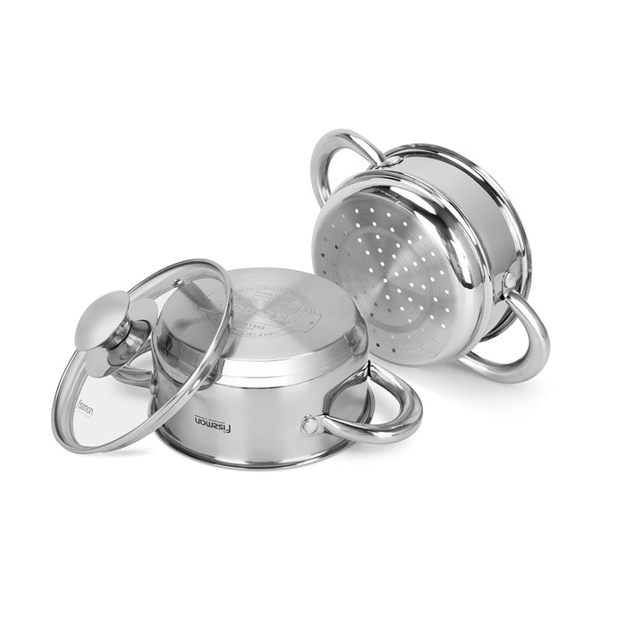 Mini Stainless Steel Cooking Pot Gulliver 14cm/1.1LTR With Steamer Insert 14cm With Glass Lid