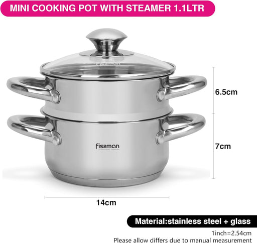 Mini Stainless Steel Cooking Pot Gulliver 14cm/1.1LTR With Steamer Insert 14cm With Glass Lid