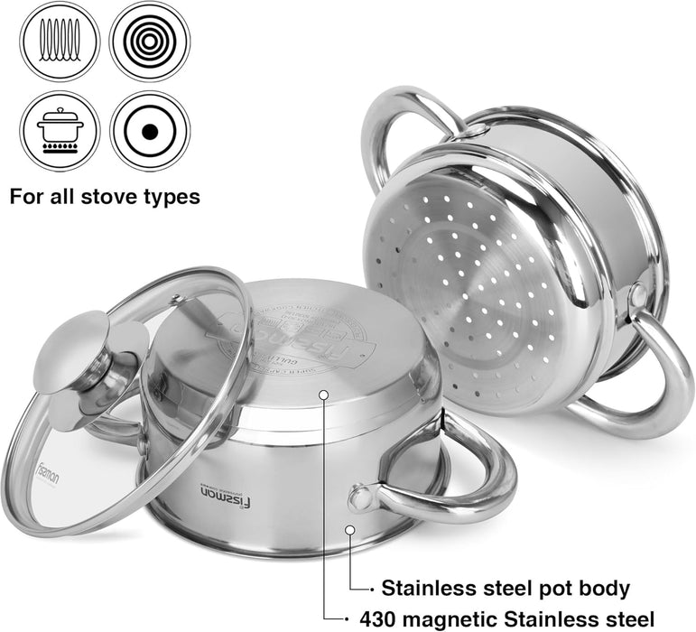 Mini Stainless Steel Cooking Pot Gulliver 14cm/1.1LTR With Steamer Insert 14cm With Glass Lid