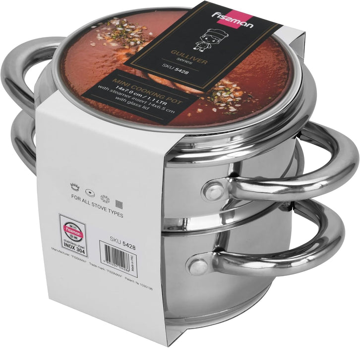 Mini Stainless Steel Cooking Pot Gulliver 14cm/1.1LTR With Steamer Insert 14cm With Glass Lid