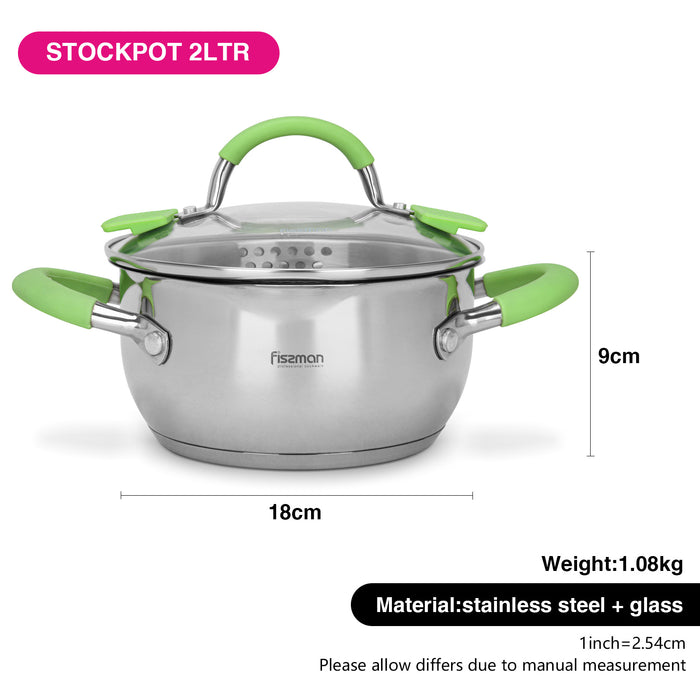 Casserole with Glass Lid Silver Stainless Steel 2LTR/18cm