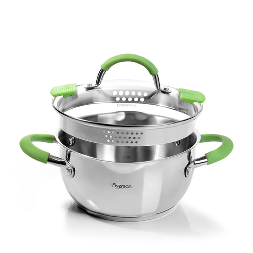 Stockpot Charlotte Series 18/10 Inox304 Stainless Steel With Clear Glass Lid. Built-In Strainer With Silicone Handles 20x10cm/2.5LTR