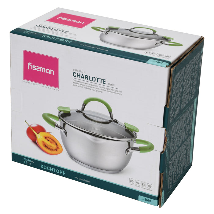 Stockpot Charlotte Series 18/10 Inox304 Stainless Steel With Clear Glass Lid. Built-In Strainer With Silicone Handles 20x10cm/2.5LTR