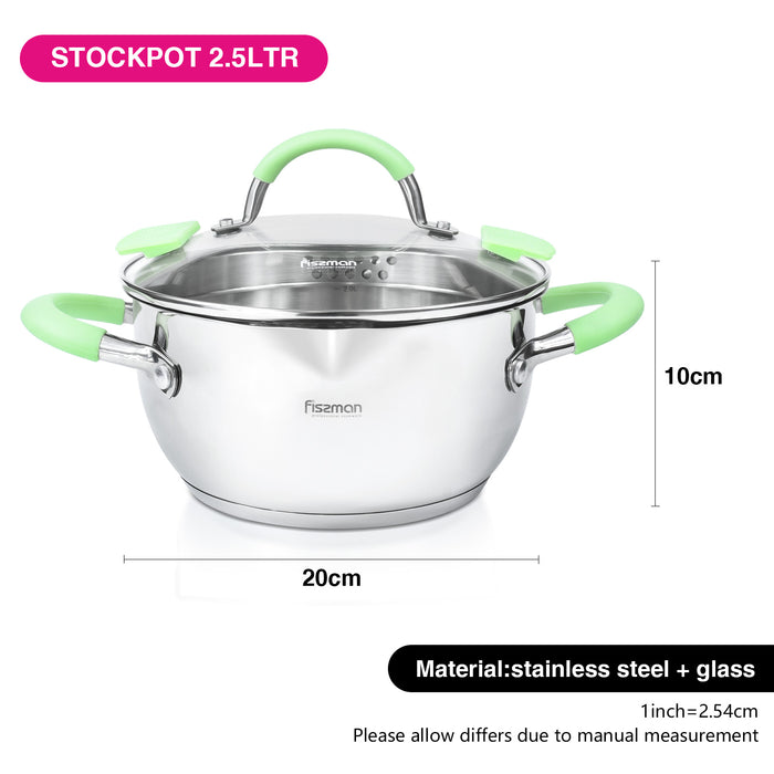 Stockpot Charlotte Series 18/10 Inox304 Stainless Steel With Clear Glass Lid. Built-In Strainer With Silicone Handles 20x10cm/2.5LTR