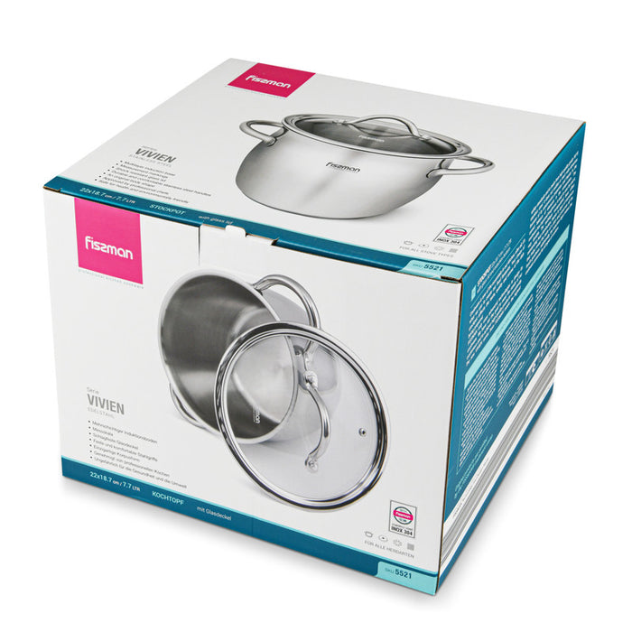 Stockpot With Glass Lid 18/10 (INOX304) Stainless Steel With Induction Bottom Silver 22x18.7cm/7.7Liters