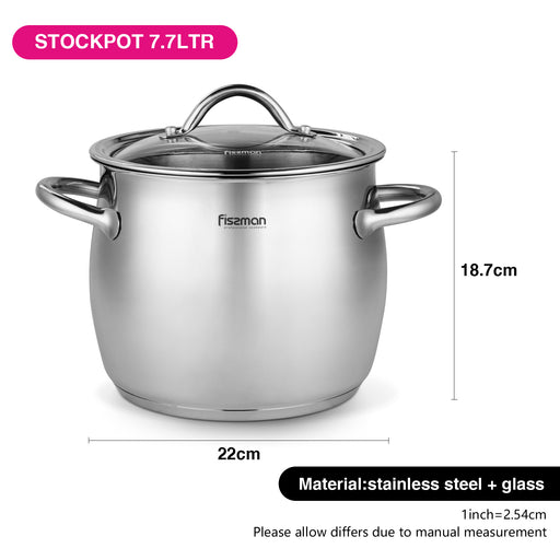 Stockpot With Glass Lid 18/10 (INOX304) Stainless Steel With Induction Bottom Silver 22x18.7cm/7.7Liters