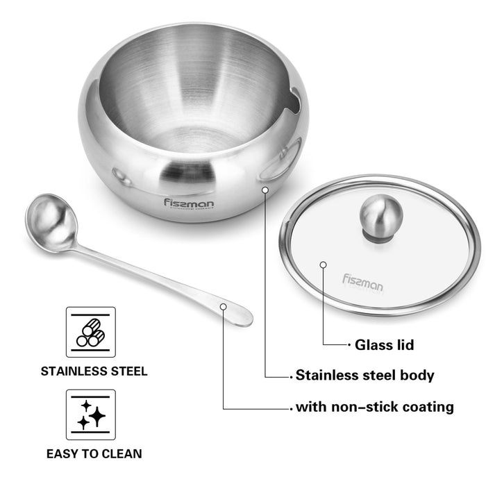 Sugar Bowl With Glass Lid And Spoon 460 ml (Stainless Steel)