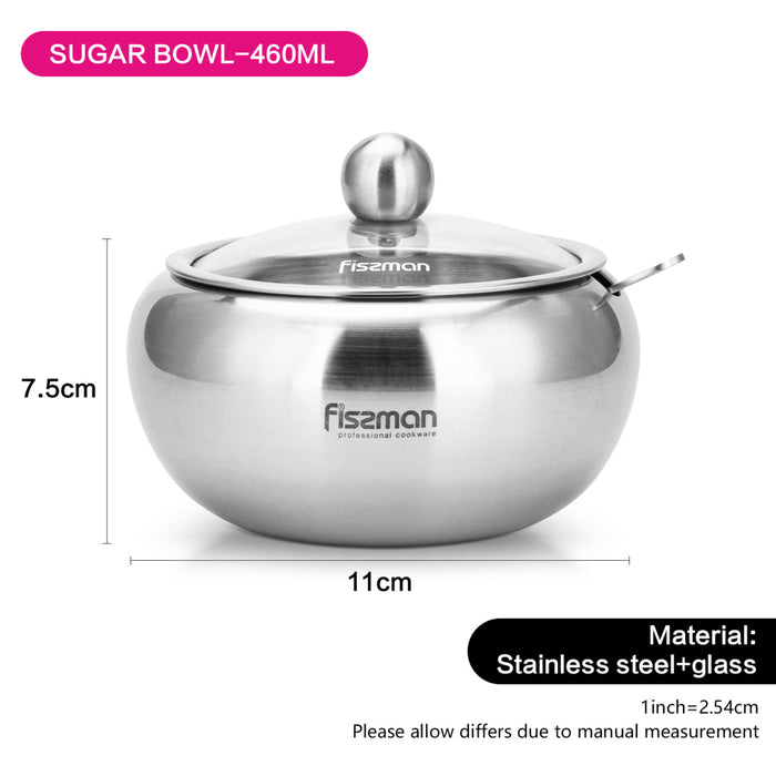 Sugar Bowl With Glass Lid And Spoon 460 ml (Stainless Steel)