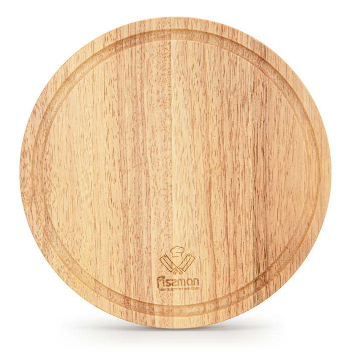 Round Cutting Board 25cm,  Wooden Cutting Board with Juice Groove Hevea Wood 1.5cm Thick