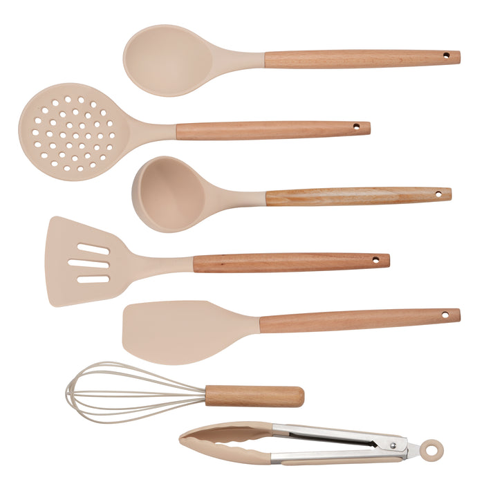 8-Piece Kitchen Tools Set, Silicone Cooking Utensils with Holder with Beech Wood Handle