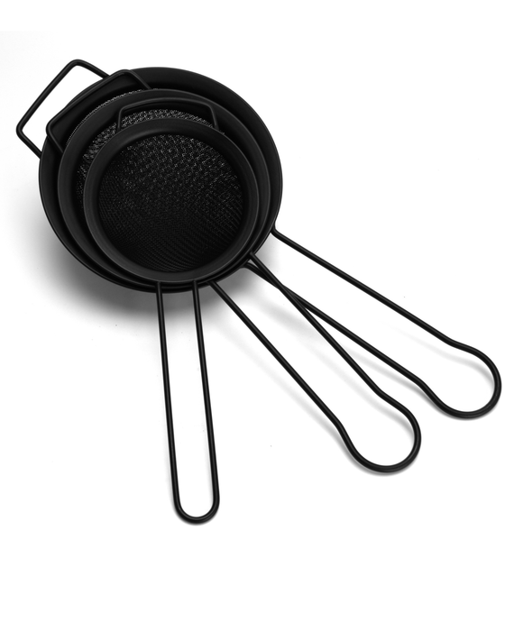 3-Piece Fine Mesh Black Strainer with Hanging Loop Set, 10cm, 12cm, and 14cm