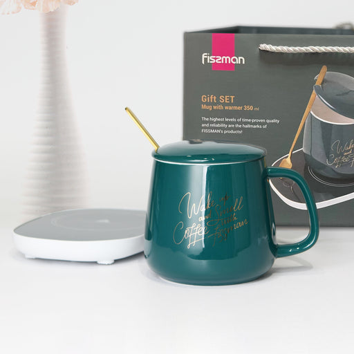 Gift Set Mug With Warmer And Spoon 350ml Ceramic Green