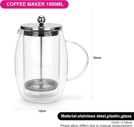 1-Liter French Press Coffee Maker, Double Wall Borosilicate Glass