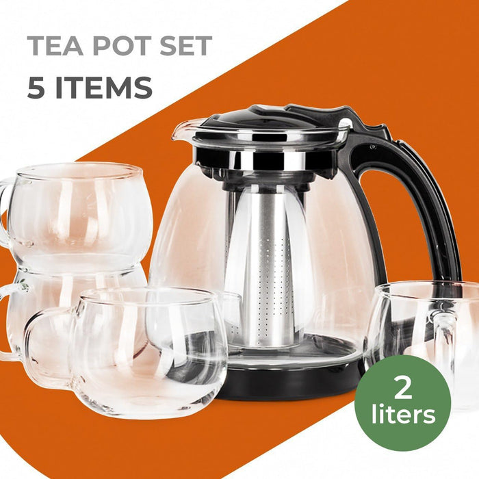 5-in-1 Teapot Set 2 Liter Teapot and 4-Piece Tea Cup 320mL ” Borosilicate Glass with Infuser