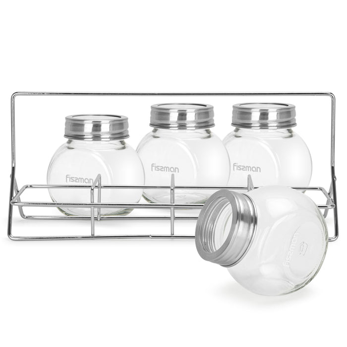 4-Piece 195ml Glass Condiment Set with 1 Rack Organizer