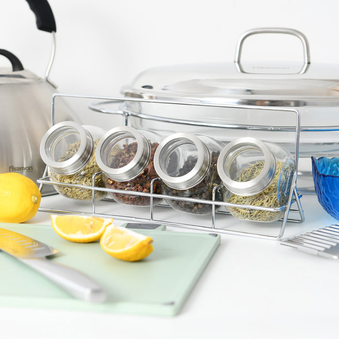 4-Piece 195ml Glass Condiment Set with 1 Rack Organizer