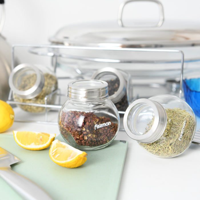 4-Piece 195ml Glass Condiment Set with 1 Rack Organizer