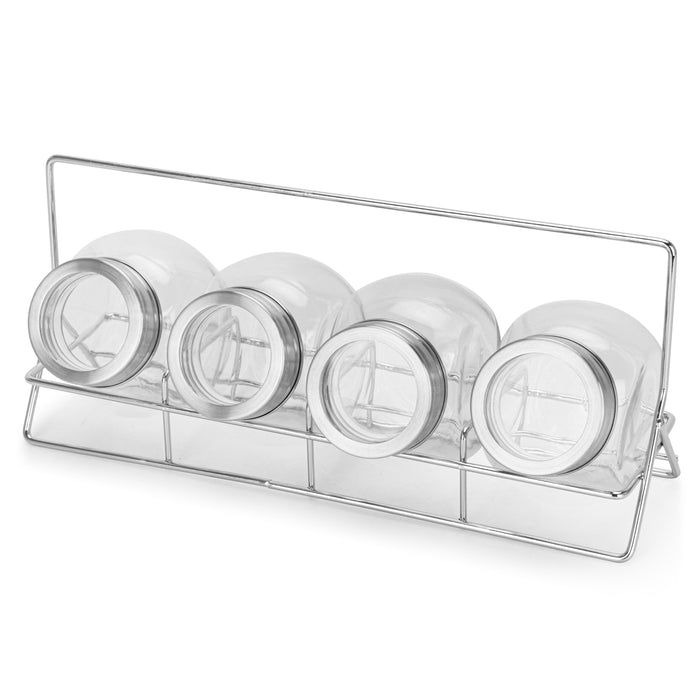4-Piece 195ml Glass Condiment Set with 1 Rack Organizer