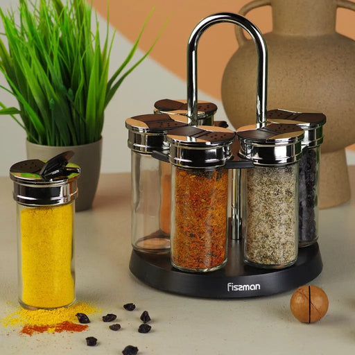 7-Piece Spice Storage Condiment Jars with Stainless Lids And Chrome Steel Stand