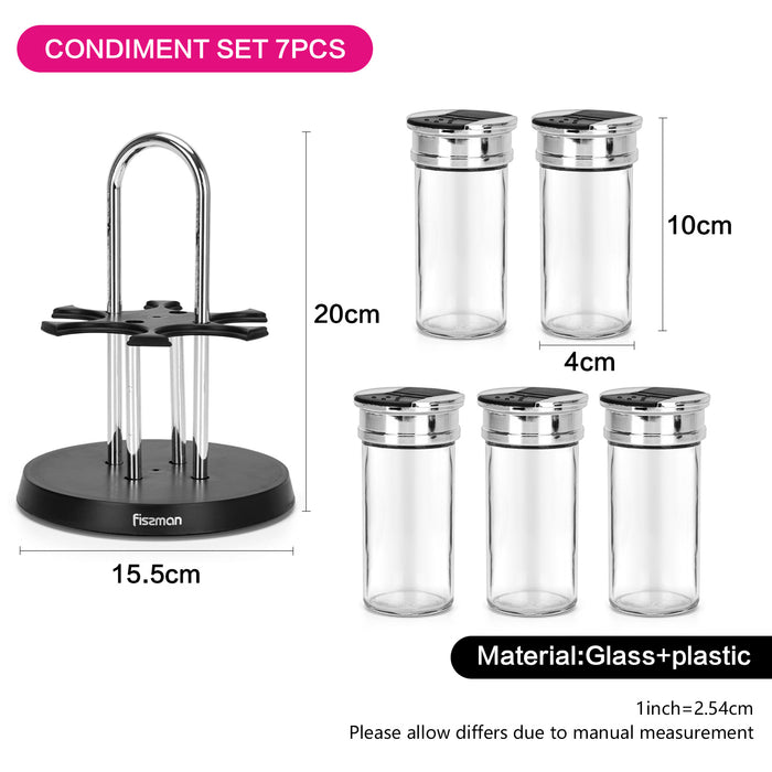 7-Piece Spice Storage Condiment Jars with Stainless Lids And Chrome Steel Stand