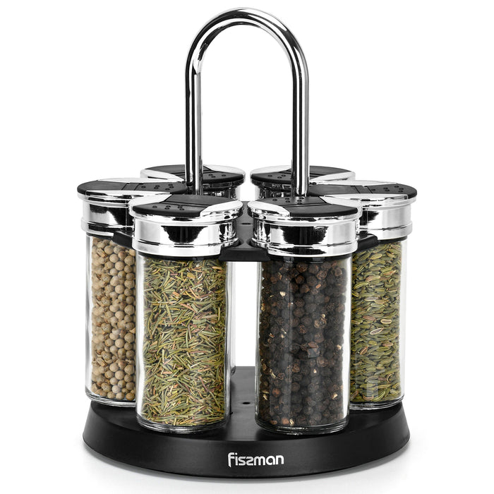 7-Piece Spice Storage Condiment Jars with Stainless Lids And Chrome Steel Stand