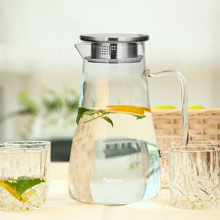 Pitcher Jug Borosilicate Glass Handle And Stainless Steel Lid 1200ml