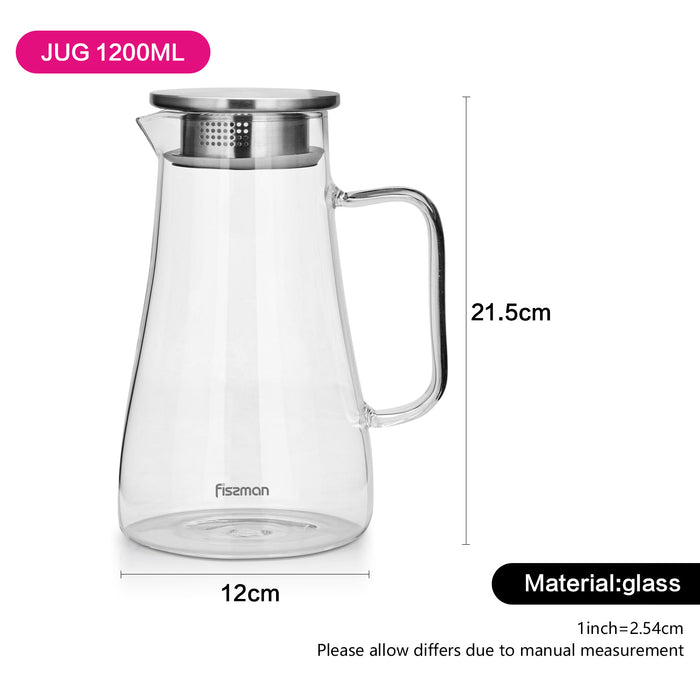 Pitcher Jug Borosilicate Glass Handle And Stainless Steel Lid 1200ml