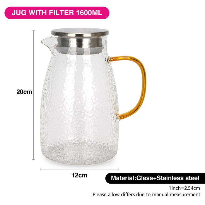 Glass Pitcher 1600mL, Jug with Borosilicate Glass, Removable Stainless Steel Lid And With Arc Shape Handle Leakproof, Carafe for Cold/Hot Water