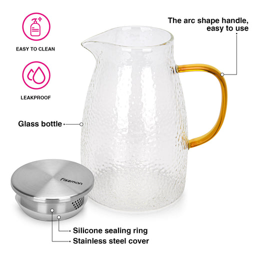 Glass Pitcher 1600mL, Jug with Borosilicate Glass, Removable Stainless Steel Lid And With Arc Shape Handle Leakproof, Carafe for Cold/Hot Water