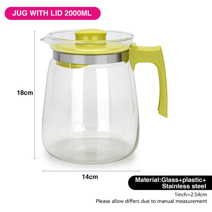 Glass Pitcher, Jug with Removable Lid And Convenient Plastic Handle Leakproof Green 1600ml