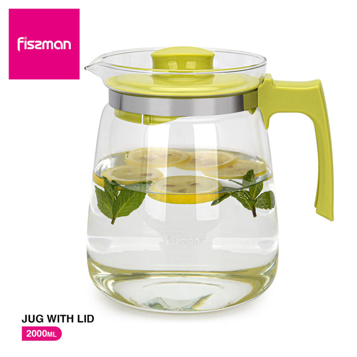 Glass Pitcher, Jug with Removable Lid And Convenient Plastic Handle Leakproof Green 1600ml