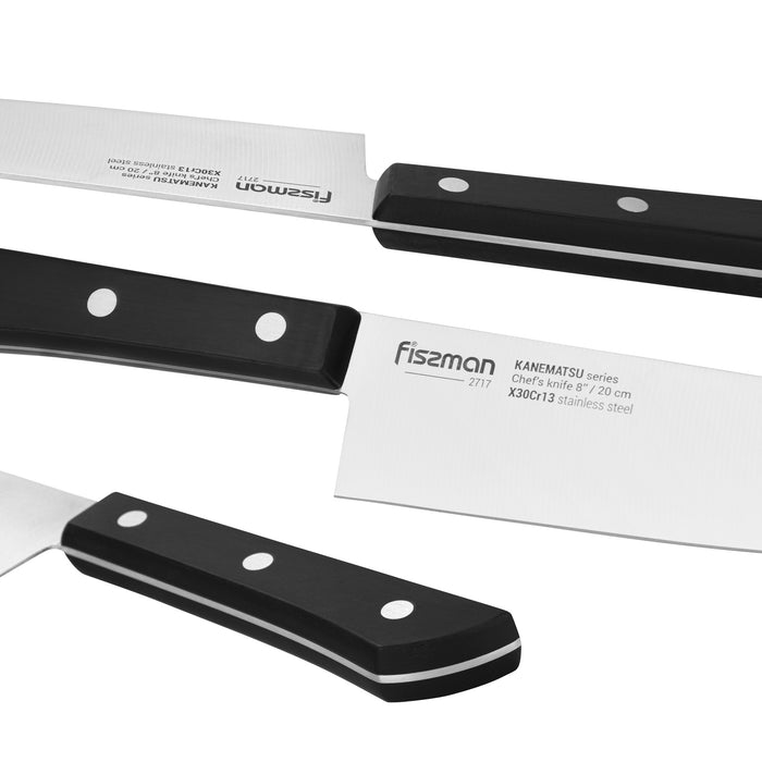 7-Piece Knife Set Kanematsu with Wooden Block X30Cr13 Steel, Chef Knife 20cm, Slicing Knife 20cm,Bread Knife 20cm,Utility Knife 13cm,Pairing Knife 9cm,MultiFunctional Scissor 20cm