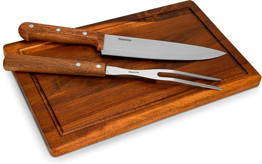 3-Piece BBQ Set Grill Tool, Stainless Steel Acacia Cutting Board, 8'' Chef Knife, Carving Meat Fork