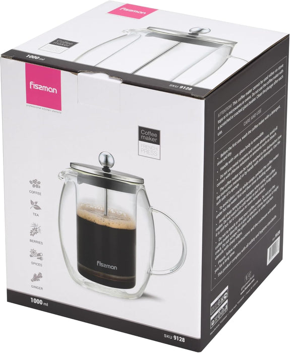 1-Liter French Press Coffee Maker, Double Wall Borosilicate Glass