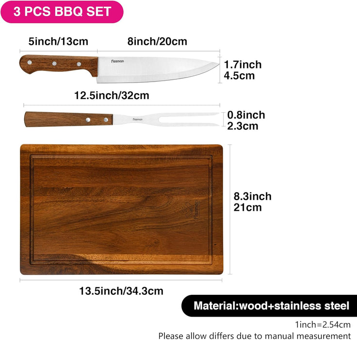 3-Piece BBQ Set Grill Tool, Stainless Steel Acacia Cutting Board, 8'' Chef Knife, Carving Meat Fork