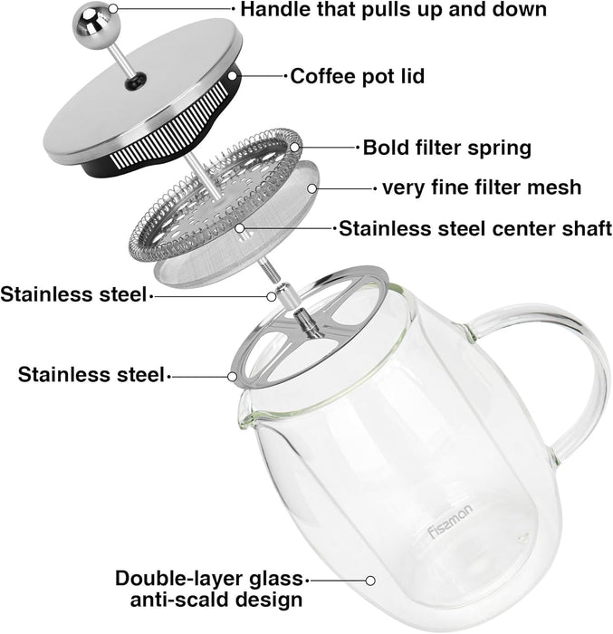 1-Liter French Press Coffee Maker, Double Wall Borosilicate Glass