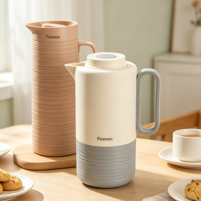 Vacuum Insulated Jug 1000mL, Insulated Flask, Modern Dallah, Plastic Body Case With  Glass Liner LIGHT GRAY